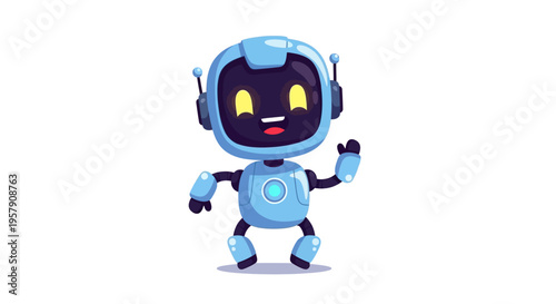 Cute Blue Robot Dancing and Waving Hello, Cartoon Character, Isolated on White