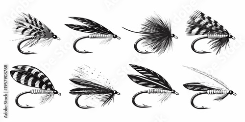 A collection of vintage fishing flies showcased in a monochrome style