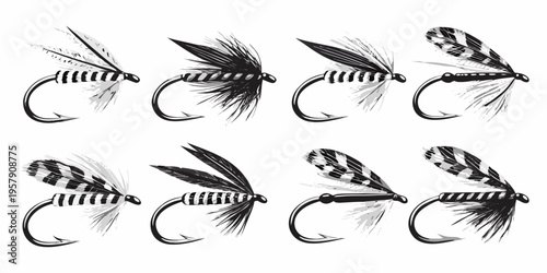 A collection of intricately designed fishing flies isolated on white
