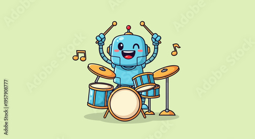 Cute blue robot drummer playing drums with drumsticks, smiling, music notes