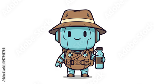 Cute Blue Robot Explorer with Hat and Water Bottle