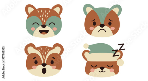Cute Cartoon Animal Faces Set: Happy, Sad, Surprised, Sleeping Squirrels