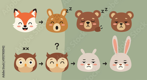 Cute cartoon animals showing emotions: fox, owl, bear, rabbit, sleep, tired, happy, sad