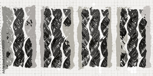 Four columns of roughly textured vertically oriented gray and black lines