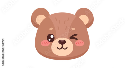 Cute Cartoon Bear Face Winking with Blushing Cheeks, Adorable Animal Icon