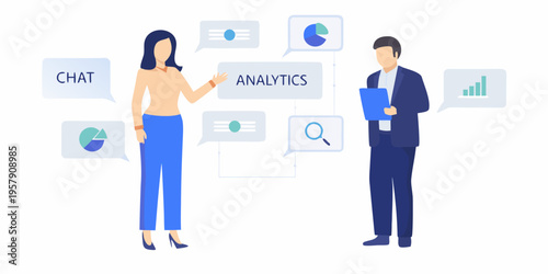 Business professionals discussing data analytics and strategies with visual charts