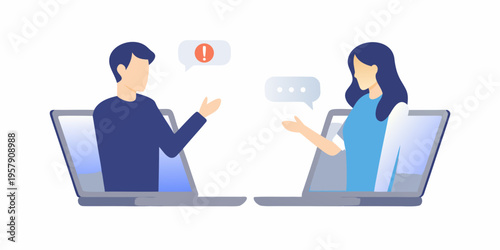 Two people connecting during a virtual meeting through laptop computers