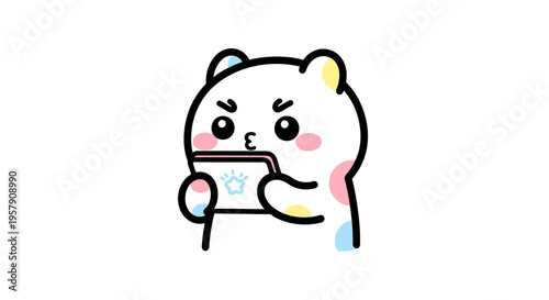 Cute cartoon bear playing on tablet, funny expression, digital entertainment, online gaming