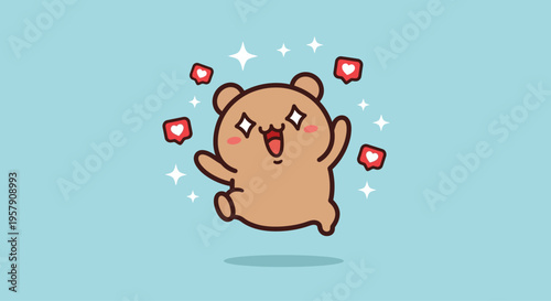 Cute cartoon bear jumping with joy, surrounded by hearts and sparkles, happy expression