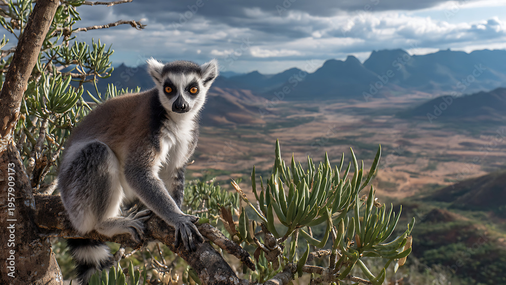 Obraz premium Serene Ring-tailed Lemur Sitting On Tree Branch In Madagascar's Mountainous Habitat