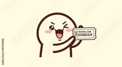 Cute Cartoon Character Winking and Holding Referral Code Ticket