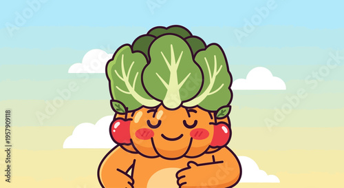 Cute cartoon character with fruits and vegetables head, healthy food concept, smiling