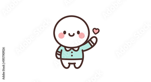 Cute cartoon character waving with a heart, simple illustration, white background