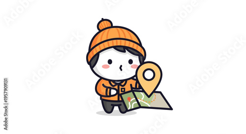 Cute Cartoon Character with Map and Location Pin, Exploring Adventure