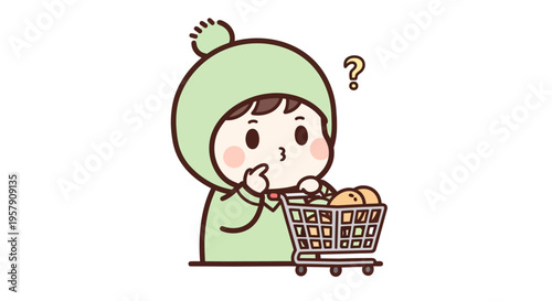 Cute cartoon child in green hoodie with shopping cart, thinking with question mark
