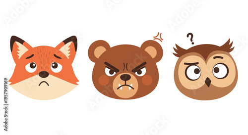 Cute cartoon fox, bear, and owl faces showing different emotions: sad, angry, confused