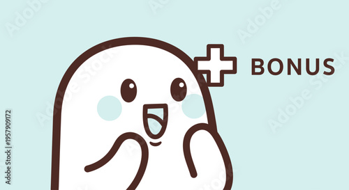 Cute cartoon ghost character with a plus sign and the word "BONUS"