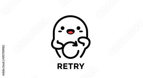 Cute cartoon ghost character with retry symbol, white background