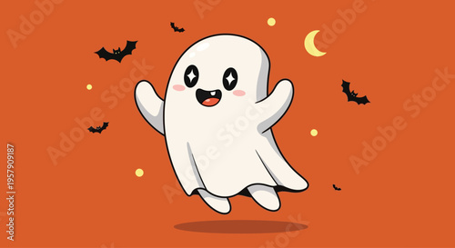 Cute cartoon ghost character with big eyes, floating happily with bats and moon, Halloween theme