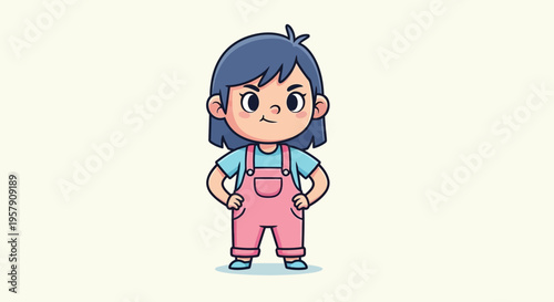 Cute cartoon girl in pink overalls, determined expression, standing with hands on hips, isolated on white background