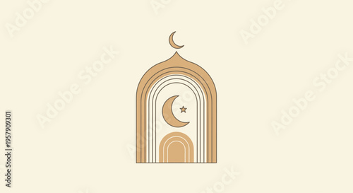 Boho Islamic Mosque Archway with Crescent Moon and Star, Abstract Geometric Design