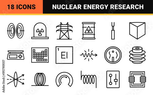 Nuclear Energy and Atomic Science Monoline Outline Icons for Sustainable Physics Research and Quantum Technology Engineering Visuals
