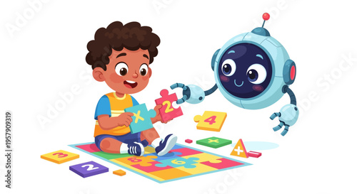 Boy and Robot Playing with Educational Puzzle Toys, Learning Numbers and Shapes