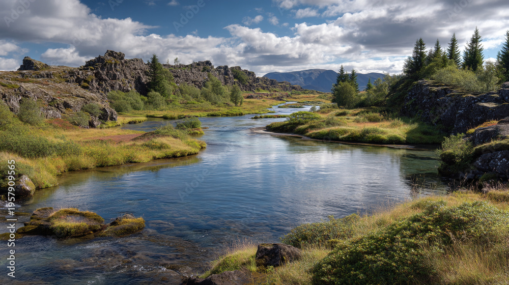 Obraz premium A serene river flows through a rocky and grassy landscape with trees