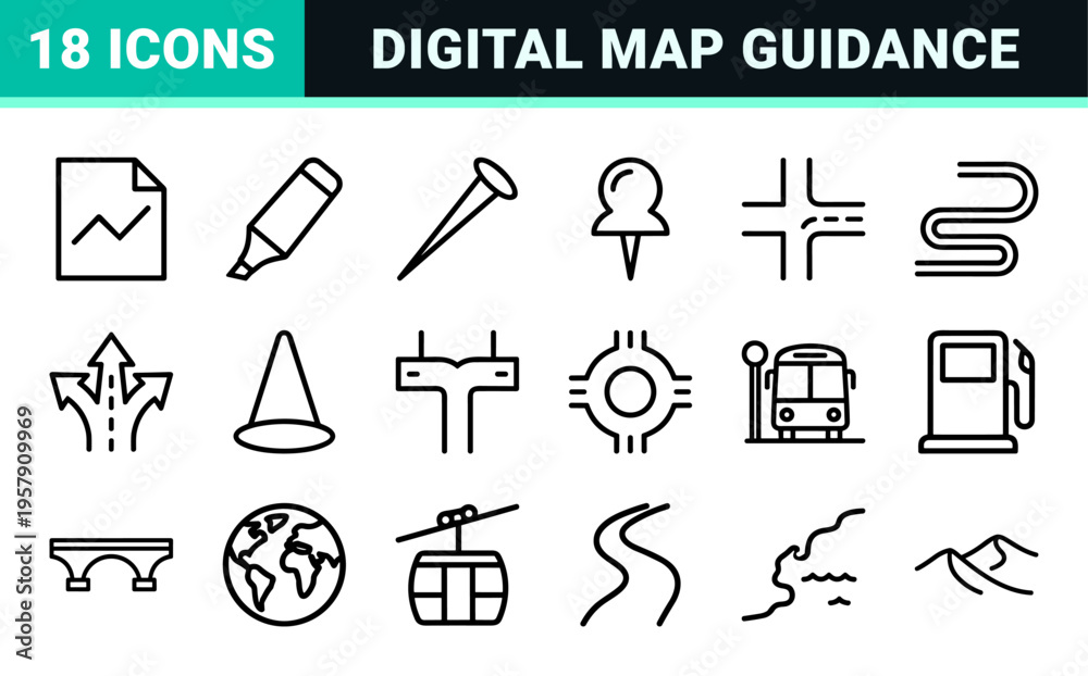 Fototapeta premium Map Navigation and Location Waypoint Pin UI Elements in Minimalist Geometric Monoline Style for Digital Cartography Interfaces
