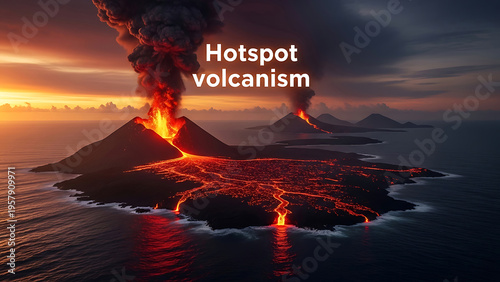 Volcanic island landscape with multiple erupting volcanoes and lava flows entering the ocean at sunset with smoke and ash clouds  natural geological formation