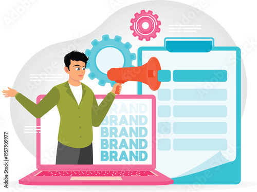 Professional presenting brand strategy through digital tools and megaphone