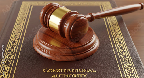 Wooden gavel on a brown leather book with gold trim and constitutional authority text  legal concept