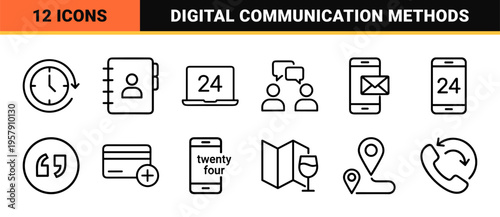 Customer Service and Technical Support Minimalist Monoline Icon Set, Geometric Outline Symbols for Global Communication and Business Assistance.