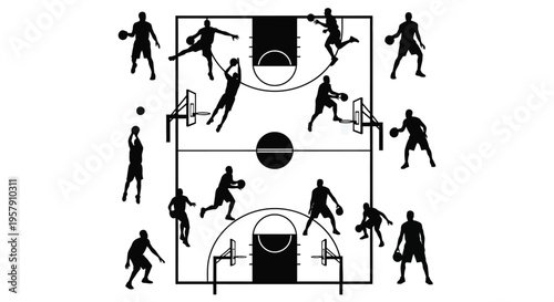 Silhouettes of basketball players in action on a court diagram
