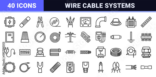 Minimalist Monoline Electrical Wiring and Power Supply Line Art Set for Industrial Engineering and Home Circuit Maintenance Infrastructure