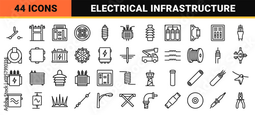 Electrical Infrastructure Monoline Icons Featuring Power Grid Transmission Towers Utility Poles And Energy Distribution Hardware Design