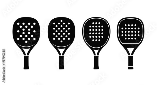 Four black silhouette padel rackets displayed in a simple linear arrangement