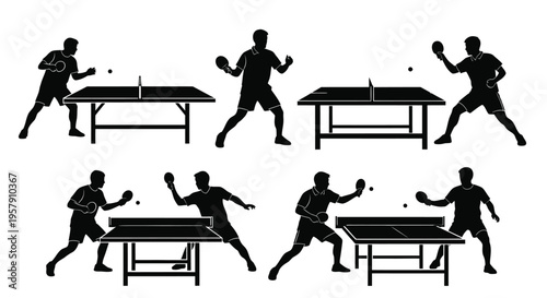 Silhouettes of table tennis players in various action poses displayed