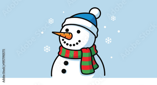 Cartoon snowman wearing blue hat and red green scarf smiling