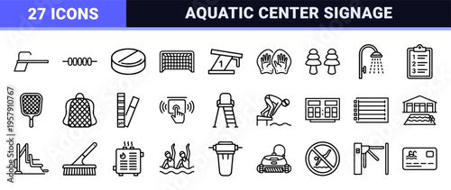 Professional Swimming and Aquatic Sports Outline Icon Set Featuring Competitive Swimmers Pool Equipment and Water Safety Symbols in Geometric Line Art