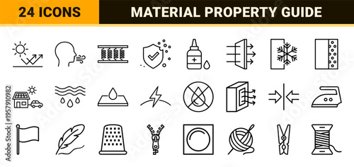 Minimalist Monoline Material Property Icons Featuring Technical Product Specifications and Industrial Textile Features in Geometric Line Art
