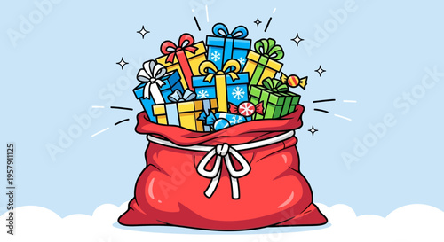 Cartoon Santa sack full of colorful Christmas gifts and candies