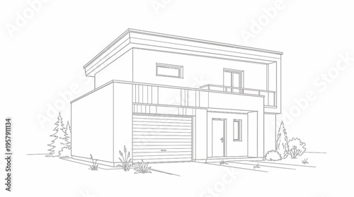 Line drawing of a modern two-story house with a garage, balcony, and minimalist architectural design.
