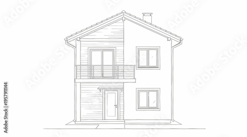 Architectural line drawing of a two-story residential house with a balcony and gabled roof.