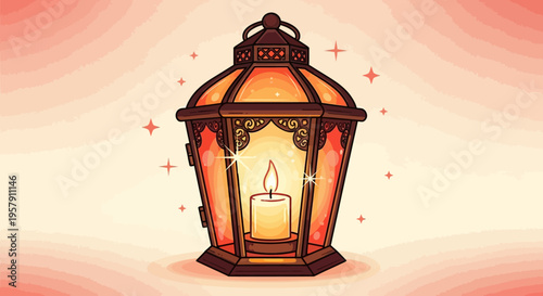 Vintage lantern with candle light and stars around
