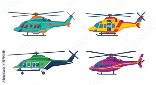 Four colorful helicopters in a cartoon style viewed from above