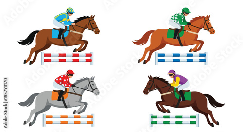 Four cartoon horse riders jumping over fences in a race