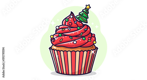 Cartoon Christmas cupcake with red frosting and sprinkles