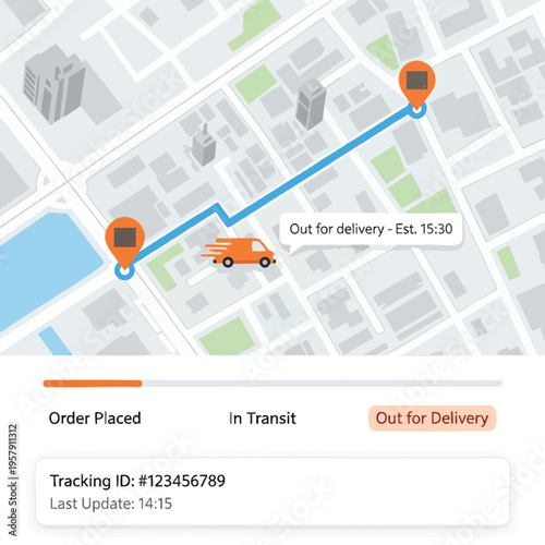 Map tracking van delivery route from order placed to out for delivery