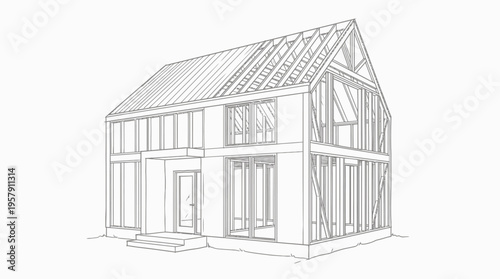 Architectural line drawing of a modern house under construction, showing both finished and framed sections with a gable roof.